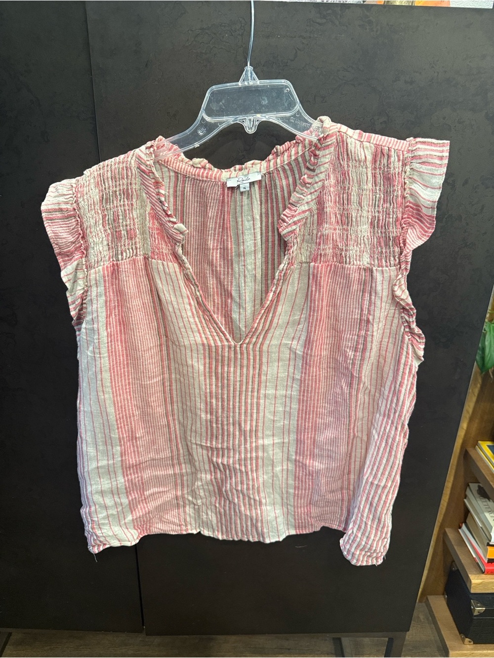 Rails Pink and Cream Striped V-Neck Ruffle Sleeve Top